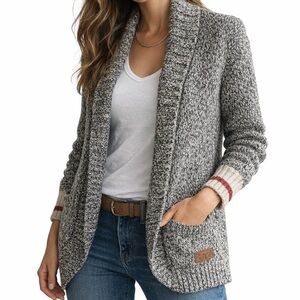 Roots Cabin Sweater Coat 3/4 Length Shawl Salt Pepper Knit Taupe, Red Cuff XS